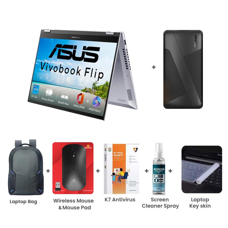 Picture of Asus Vivobook S14 Flip (2025) - 13th Gen Intel Core i5-13420H 14" (35.56 cm) TP3402VAO-LZ612WS 2-in-1 Laptop (16GB/ 512GB SSD/ Touch screen WUXGA/ Intel UHD Graphics/ Windows 11 Home/ Office Home 2024/ 1 Year Warranty/ Cool Silver/ 1.50 kg) 10000mAh PowerBank + Laptop Bag + Wireless Mouse & Mouse Pad + K7 Antivirus Single User + Screen Cleaner Spray + Laptop Key Skin